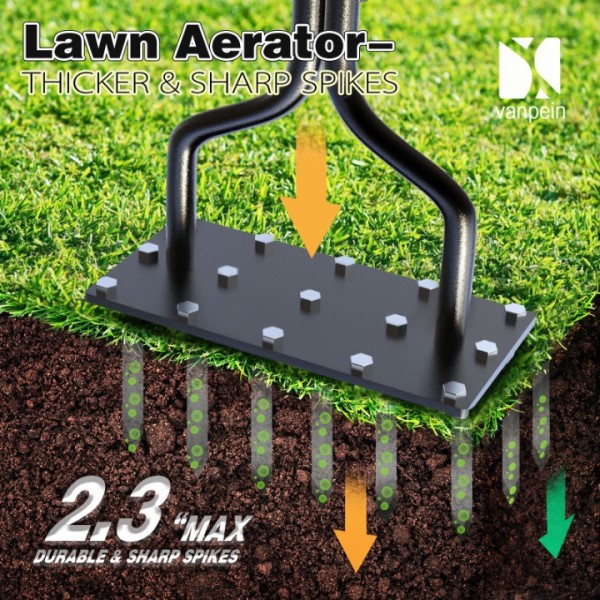 vanpein Lawn Aerator Spike Manual Tool with 15 Iron Spikes, Garden Grass Aeration Tools Hand Air Aerator & Clean Tool for Aerating Lawns & Yard Care, Loosening Soil, 36”
